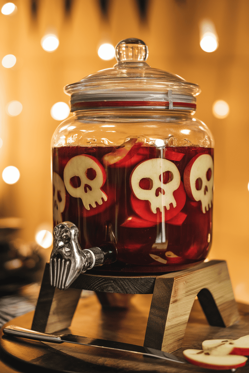 Indoor photo of a glass drink dispenser filled with deep red punch, floating apple slices cut into skull shapes. Warm party lighting, no text or logos.