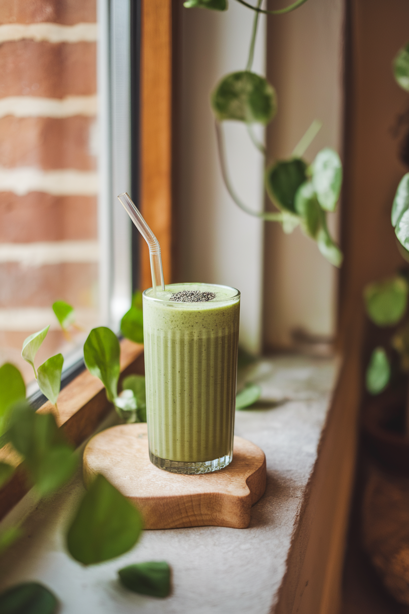 Photo of a tall glass of bright green smoothie with a reusable straw on an indoor windowsill. No text or logos.