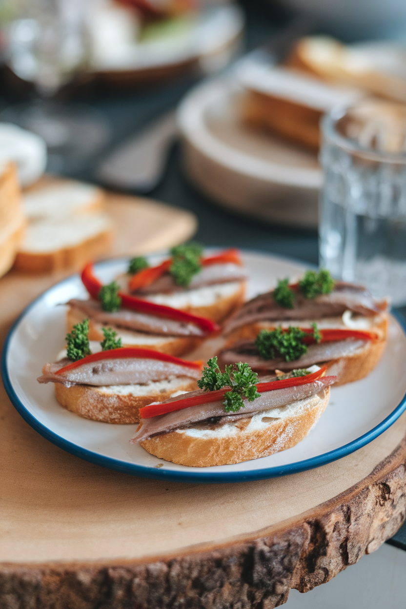 An indoor plate with small crostini topped with cooked anchovy fillets, strips of roasted red pepper, and parsley. No text or logos. Photo, not illustration.