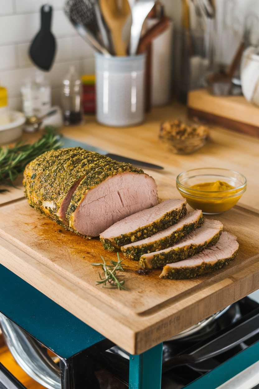 Sliced pork tenderloin with a green herb crust arranged on a wooden cutting board atop an indoor kitchen island, small bowl of mustard on the side. No text or logos.