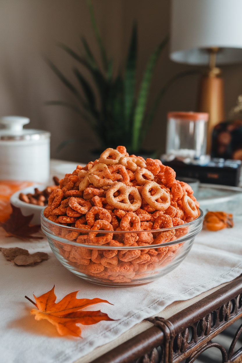 Indoor photo of a bowl of cereal and pretzel snack mix coated in pumpkin spice powdered sugar on a coffee table; no text or logos.