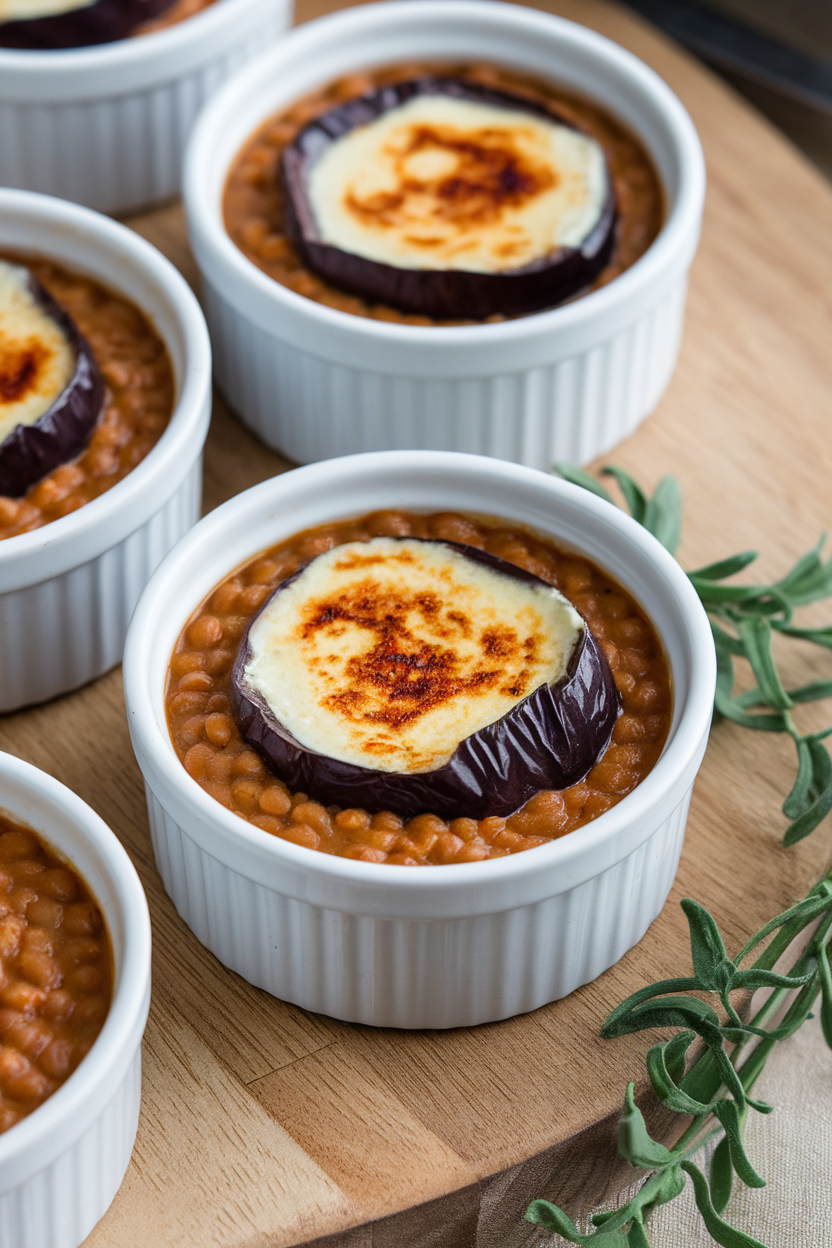 Indoor photo of small ramekins containing layered lentils, roasted eggplant, and a light béchamel topping browned. No text or logos.