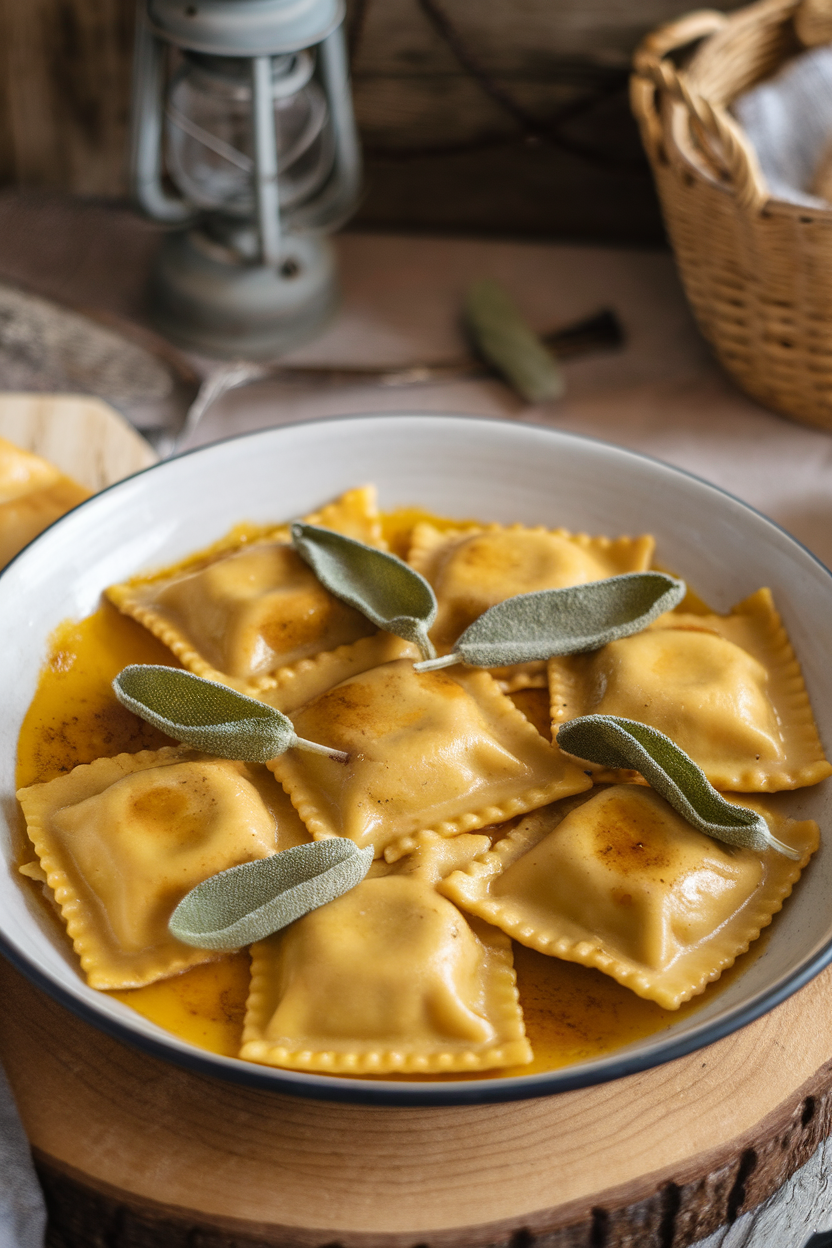 Shallow dish of pumpkin ravioli drizzled with browned butter and fried sage leaves, photographed indoors. No text or logos. Photo.
