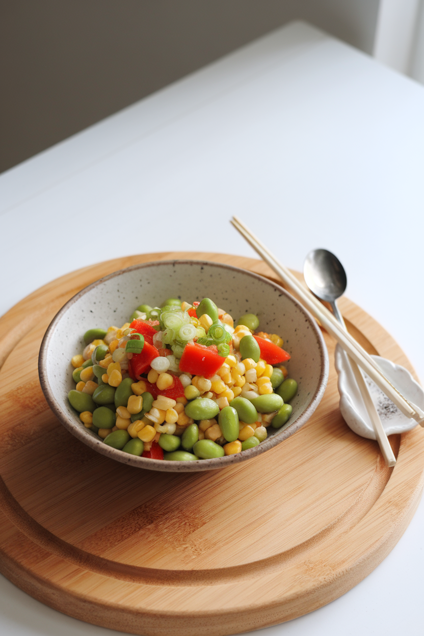 A brightly lit indoor photo of a shallow bowl containing edamame, corn, diced red pepper, and scallions tossed with sesame vinaigrette; no text or logos.