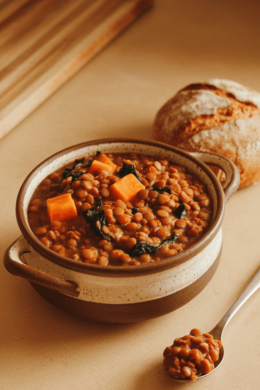A ceramic bowl on an indoor countertop filled with thick lentil stew featuring sweet potato cubes, carrots, and spinach. A crusty whole-grain roll sits nearby. No text or logos present. Photo, not illustration.
