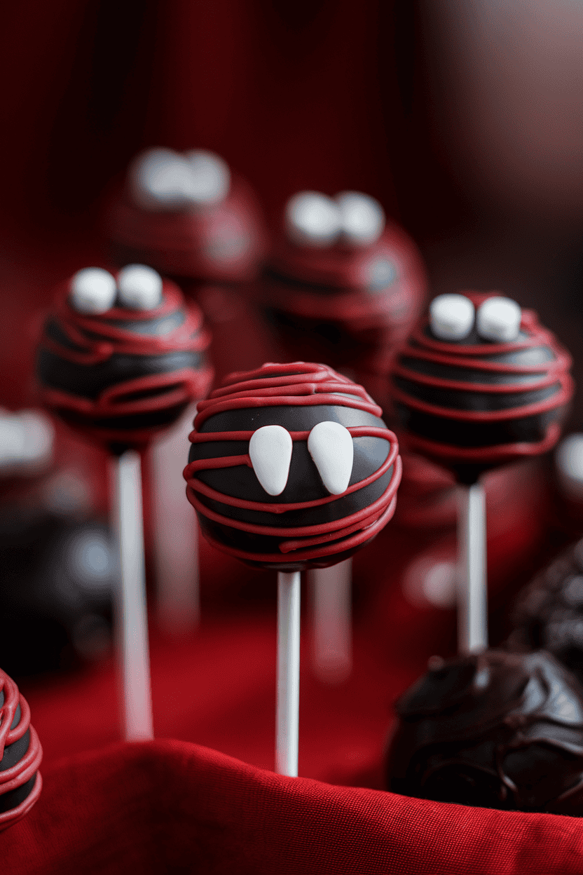 Red velvet cake pops coated in glossy black candy melts with two small white fang candies protruding, set indoors on a red linen; no logos or text. Photo.