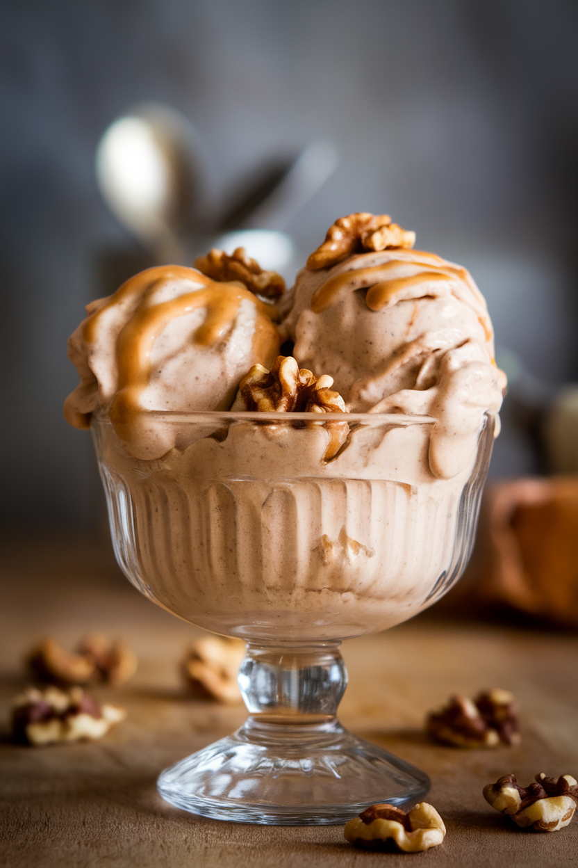 An indoor glass bowl piled with scoops of creamy beige nice cream, walnut pieces and maple drizzle on top, slight melting at edges. No text or logos.