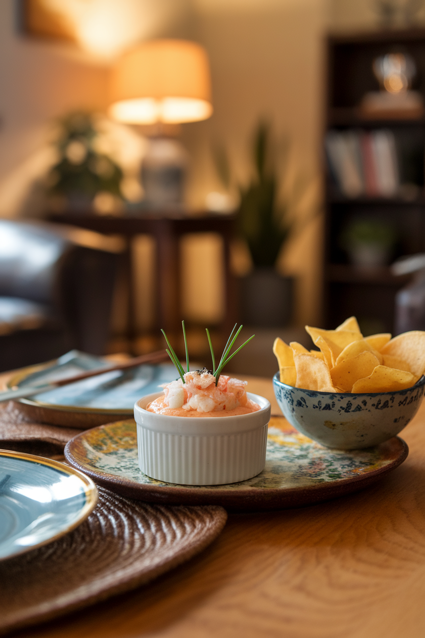A warmly lit indoor coffee table with a ramekin of creamy crab rangoon dip topped with chive “legs,” wonton chips on the side. Photo, no text or logos.
