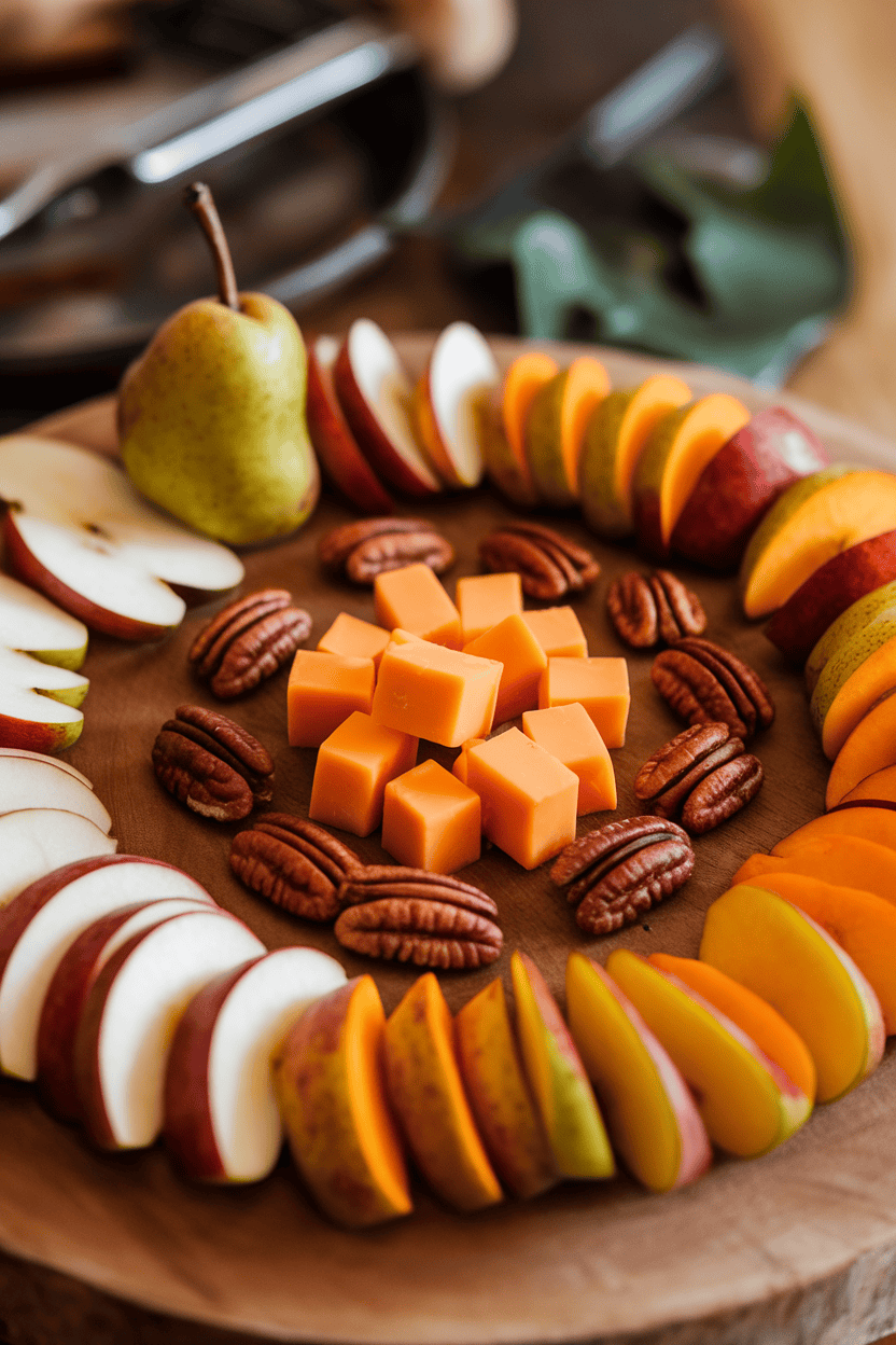 Indoor photo of sliced autumn fruits—pear, apple, persimmon—arranged in crescent shapes around spiced gouda cubes and cinnamon candied pecans. No text or logos.
