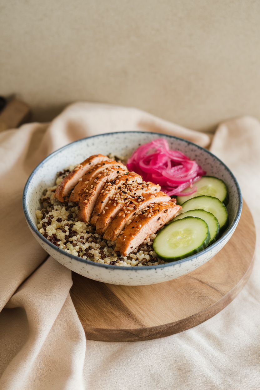 Indoor photo of grain bowl with garlic tahini chicken strips, quinoa, cucumbers, and pickled red onions; balanced kitchen lighting, no text or logos