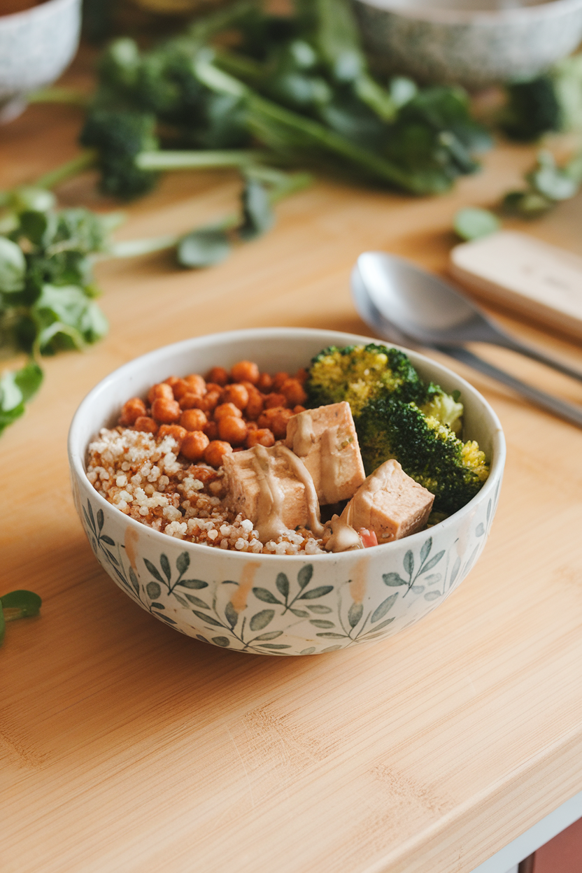 An indoor countertop view of a bowl layered with quinoa, roasted chickpeas, marinated tofu cubes, steamed broccoli, and tahini drizzle. No logos or text; photo only.