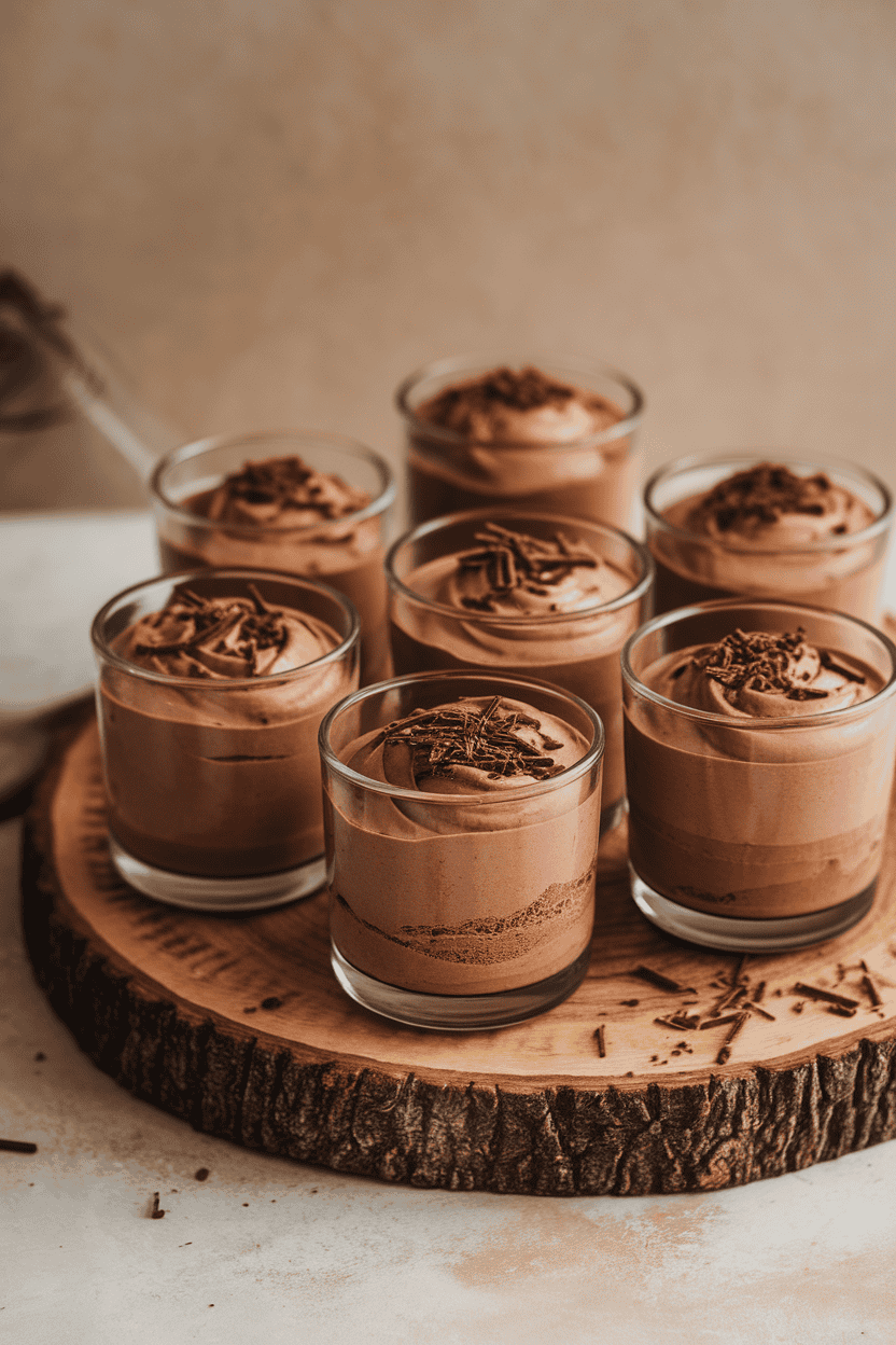 Indoor photo of glass cups filled with airy chocolate mousse, shaved chocolate sprinkled on top, no text or logos