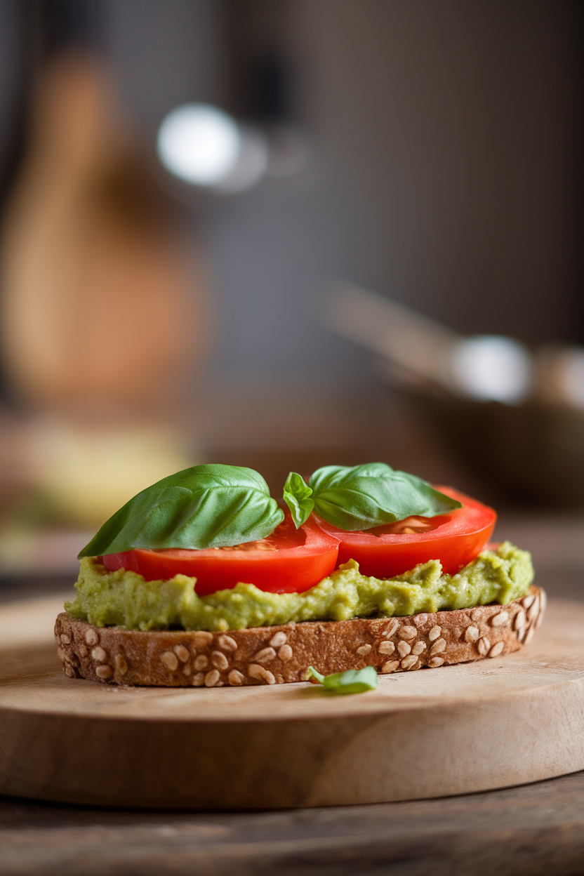 Indoor photo of an open-faced whole-grain toast topped with mashed avocado and tomato slices; no text or logos