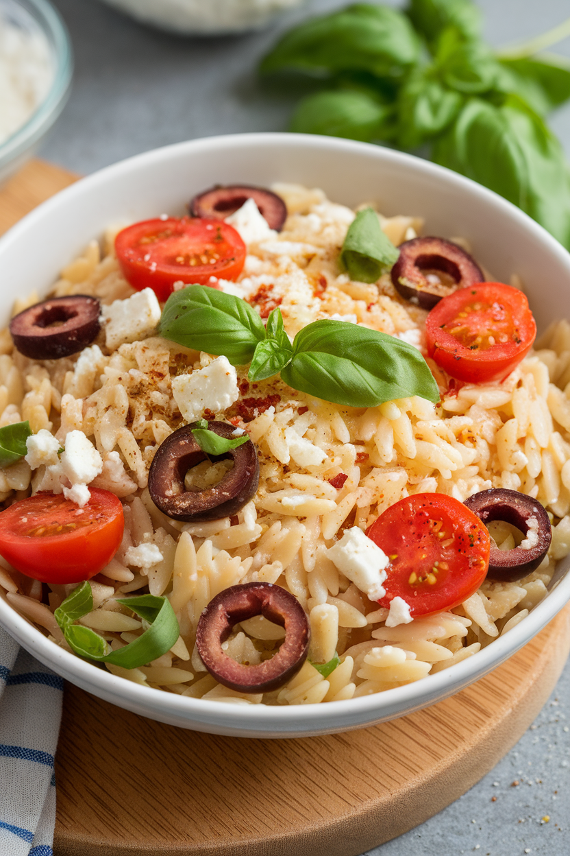An indoor tabletop photo of a bowl of chilled orzo pasta tossed with halved cherry tomatoes, sliced black olives, crumbled feta, and basil ribbons, no text or logos.