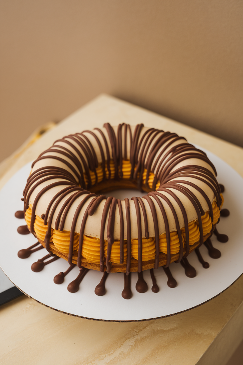 Photo of a large ring-shaped éclair filled with pumpkin cream and drizzled with chocolate, indoor cake plate, no text or logos.