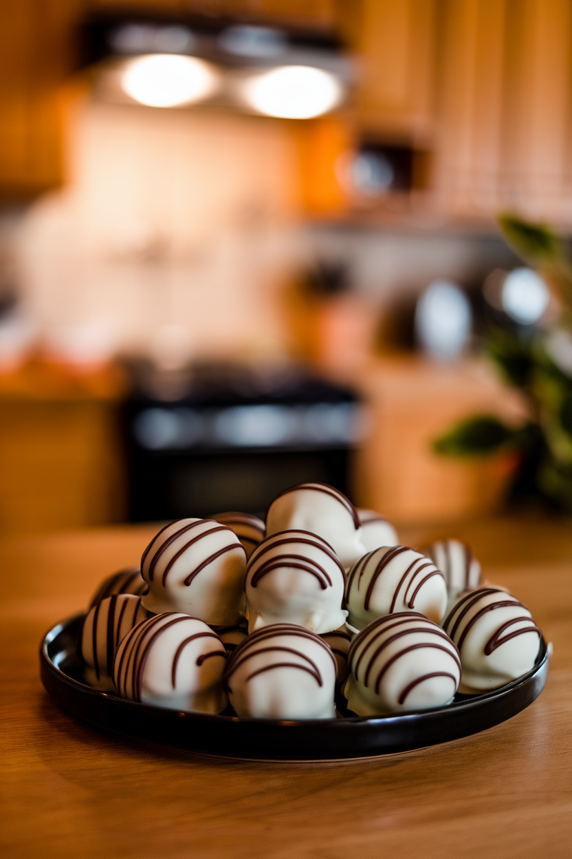 White-chocolate-coated truffles with dark chocolate facial lines, arranged on an indoor black plate. Photo, no text or logos.