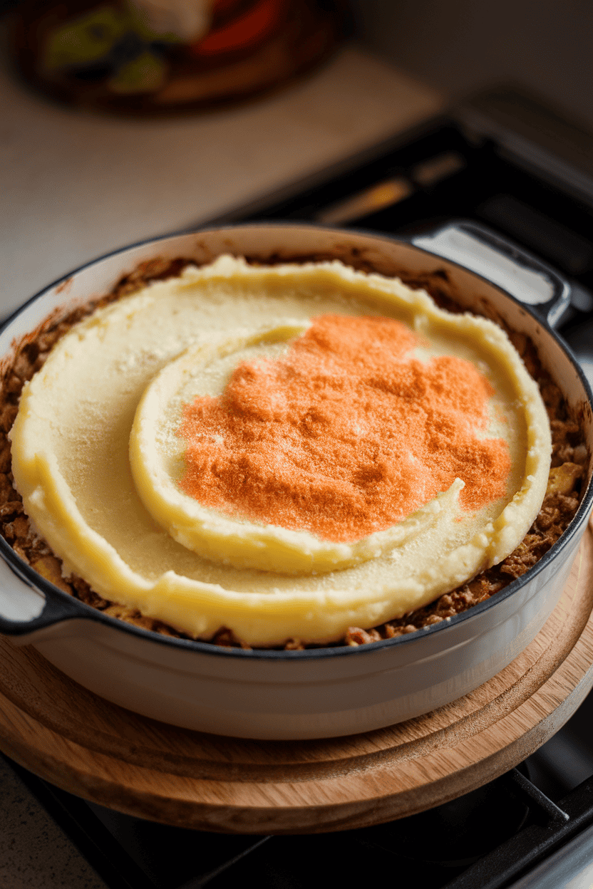 Indoor photo of a casserole dish of shepherd’s pie topped with mashed potatoes smoothed into a full moon, parmesan dusting creates crater texture. Soft stove-side lighting, no text or logos.