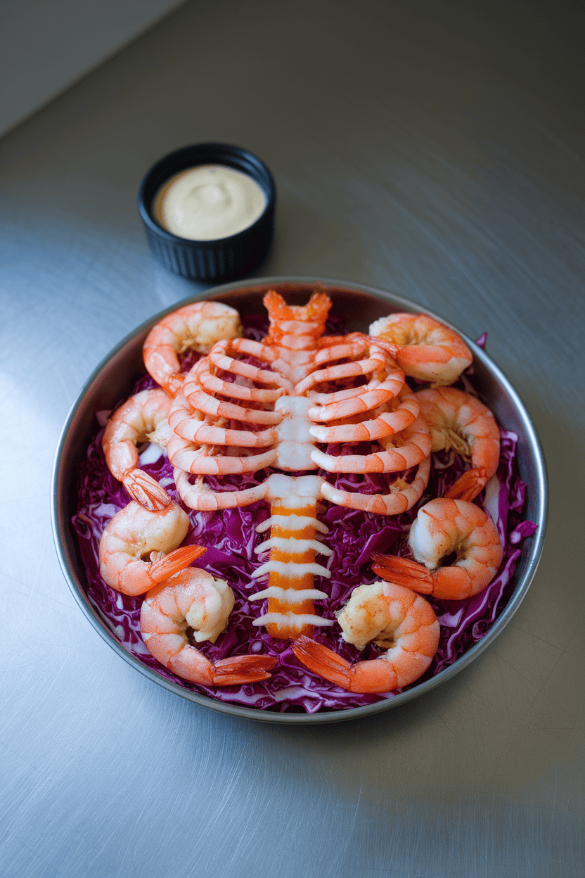 Indoor photo of cooked chili-lime shrimp laid out to form a skeletal outline on a bed of shredded purple cabbage, side ramekin of aioli. No text or logos.