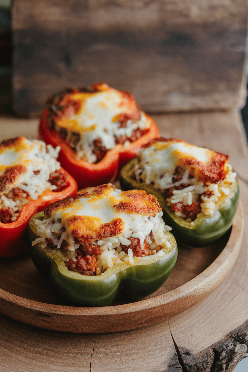 Indoor photo of halved bell peppers filled with rice, meat, and cheese, tops browned; no text or logos.