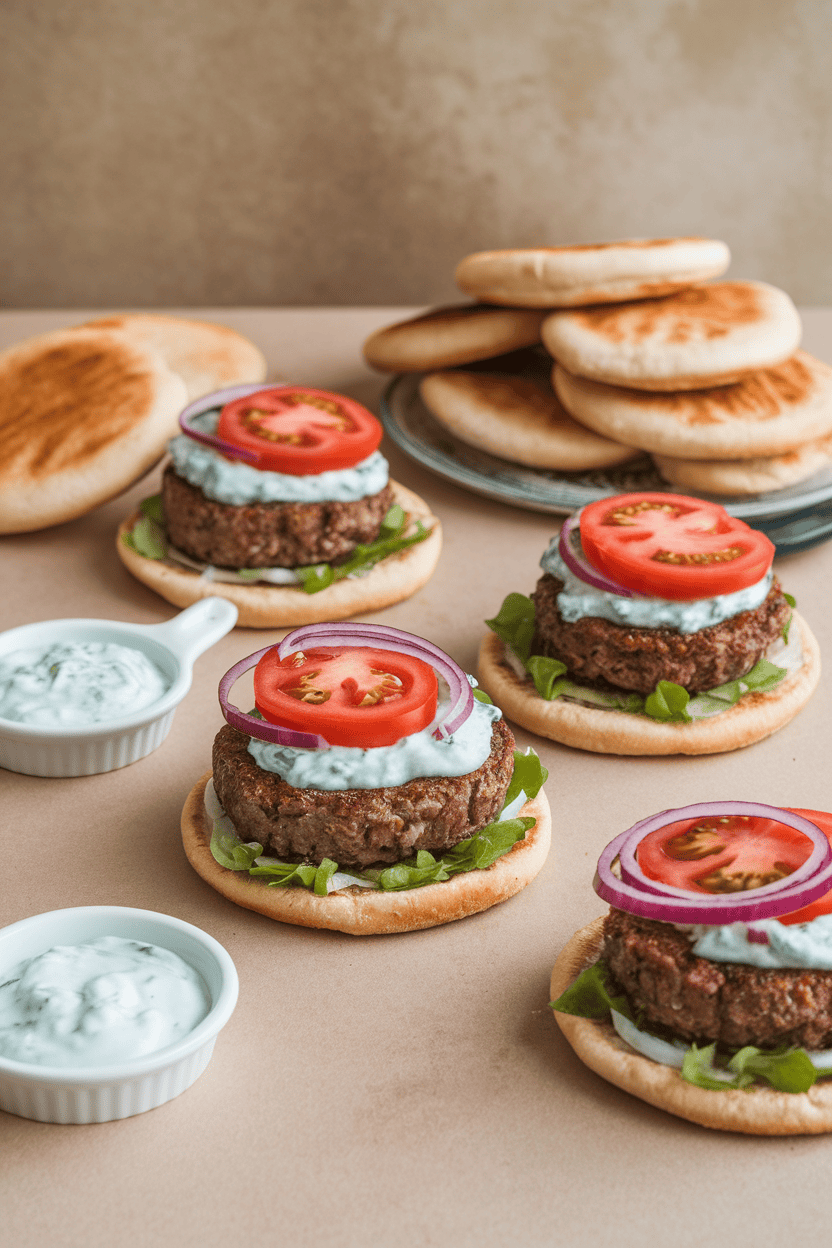 Indoor table showing lamb burgers topped with tzatziki, sliced tomatoes, and red onion on pita buns. No text or logos visible. Photo, not illustration.