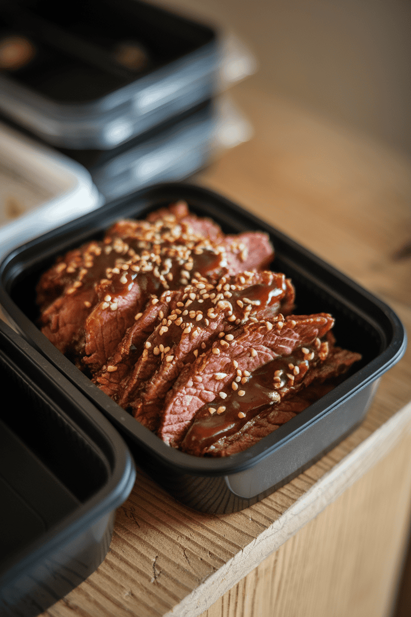 Indoor photo of thin beef strips glazed in a dark sauce, sprinkled with sesame seeds, in a black meal-prep container. No branding.