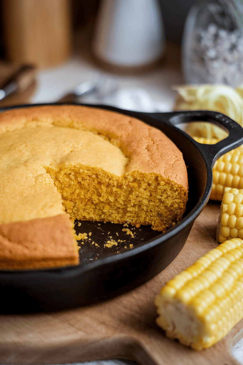 Cozy indoor photo of a golden cornbread round still in a cast-iron skillet, a slice removed to show moist crumb; no text or logos visible.