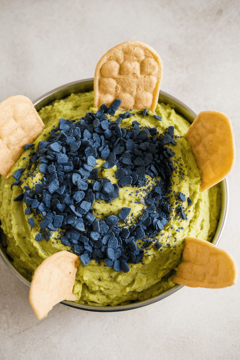 Overhead indoor image of a shallow dish of guacamole with tortilla “tombstones” inserted upright, sprinkled with crushed blue chips for dirt. No text or logos.