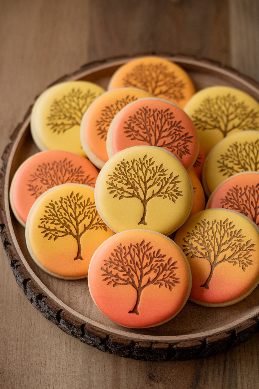 Indoor photo of round cookies iced in gradient yellows and oranges with a subtle silhouette of a tree branch, displayed on a wood tray, no text or logos.
