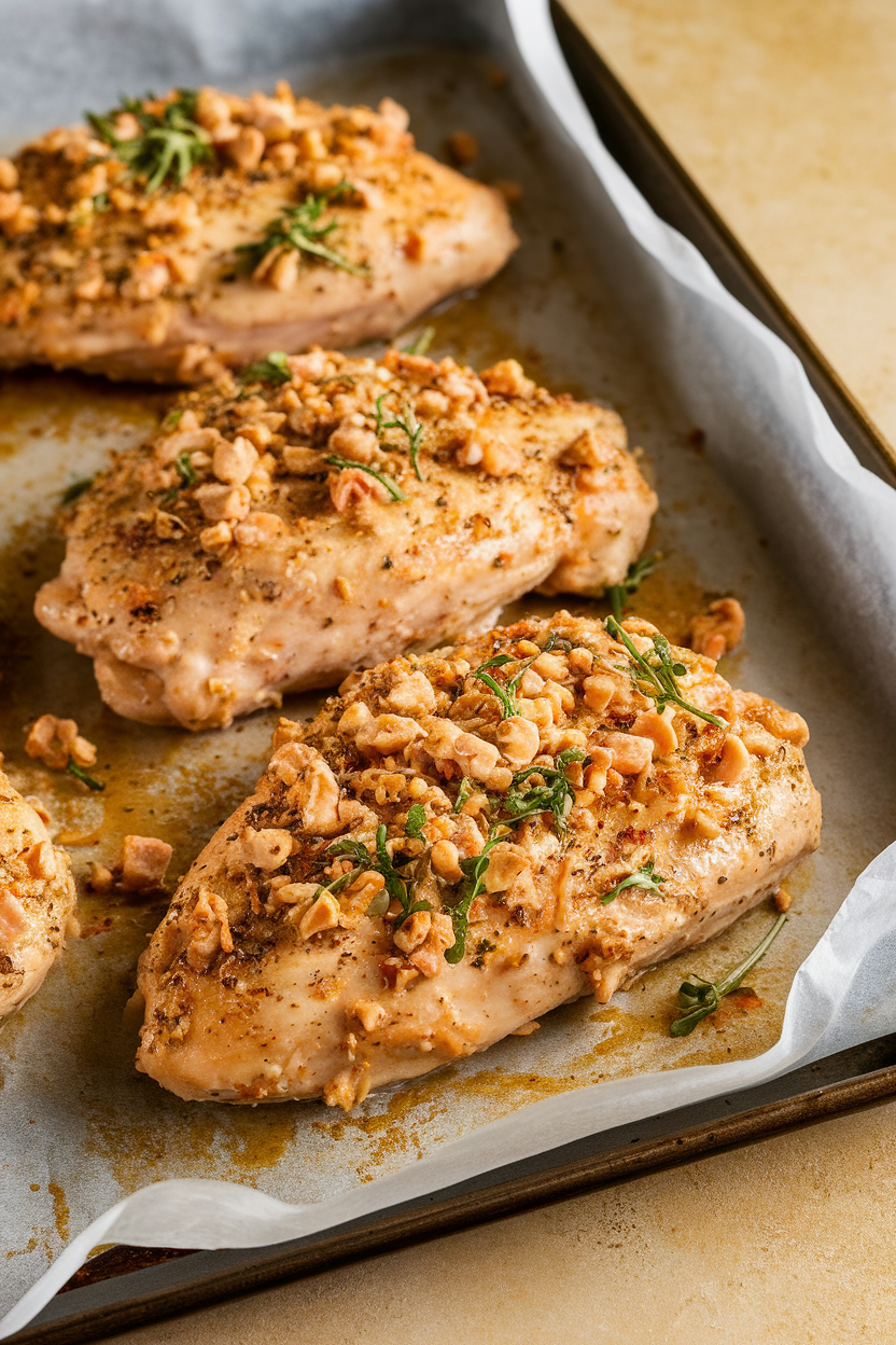 Indoor photo of golden chicken breasts coated in garlic ranch seasoning, resting on parchment paper; oven light, no text or logos