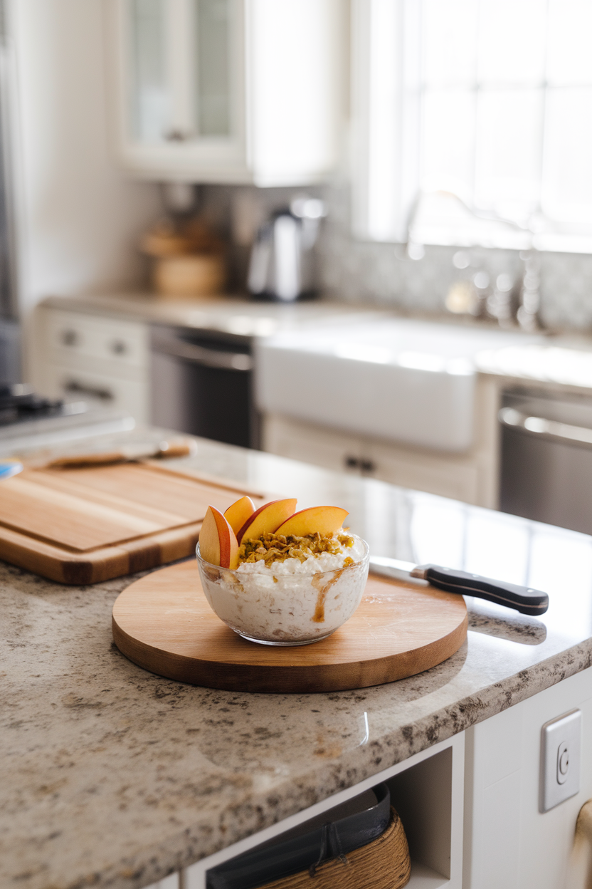 Indoor kitchen island with a small bowl of cottage cheese topped with peach slices, a drizzle of honey, and crushed pistachios. No text or logos.