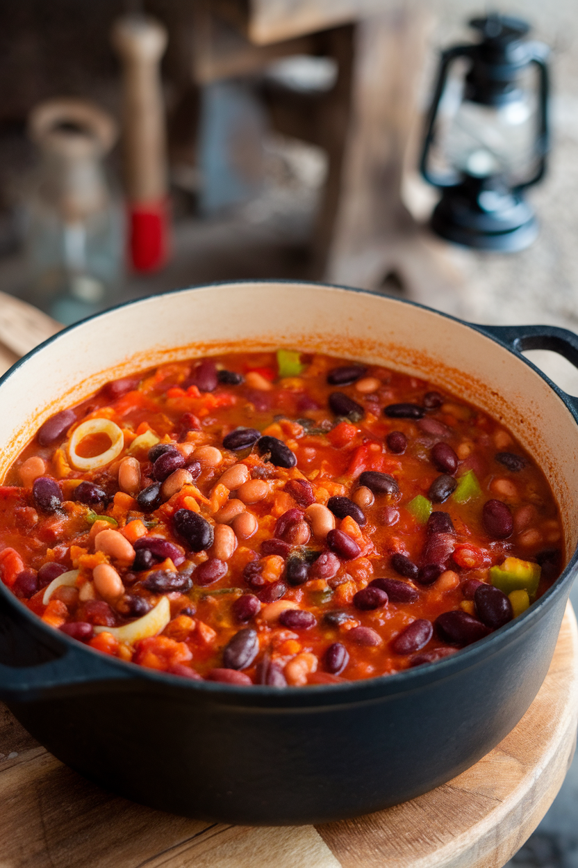 An indoor Dutch oven brimming with hearty chili featuring kidney, black, and pinto beans in a tomato base. No text or logos, photo style.
