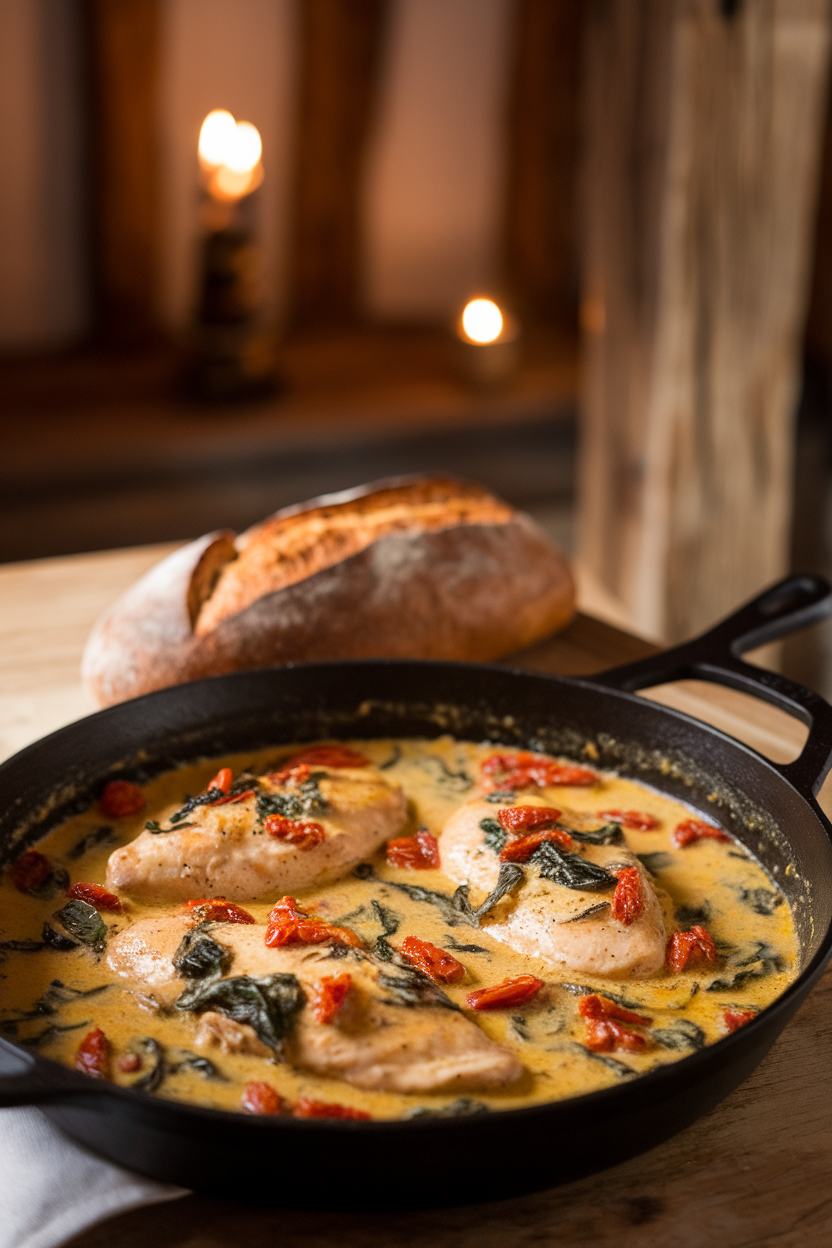 Indoor kitchen table with a deep skillet filled with chicken breasts in a creamy sauce dotted with sun-dried tomatoes and spinach. Rustic bread sits nearby, no text or logos. Photo, not illustration.