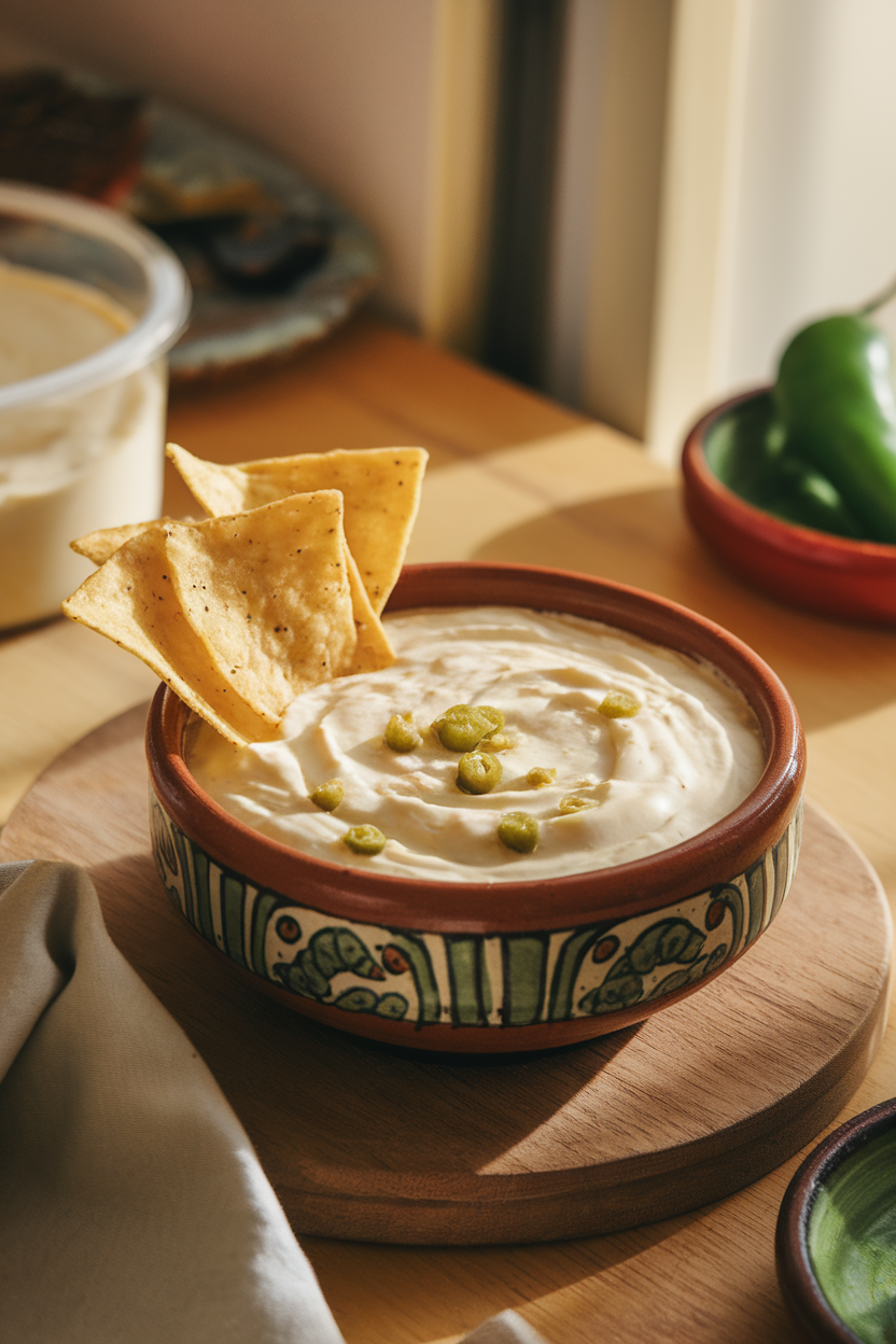 A softly lit indoor table displaying a ceramic bowl of silky white queso dotted with green chiles, a few tortilla chips leaning on the rim. Photo, no text or logos.