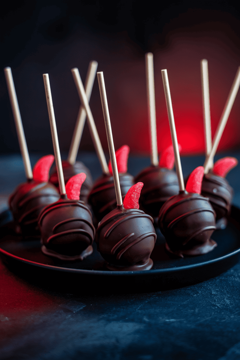 Dark chocolate chile-infused cake pops with tiny red candy horns, indoor dramatic red lighting; no logos or text. Photo.