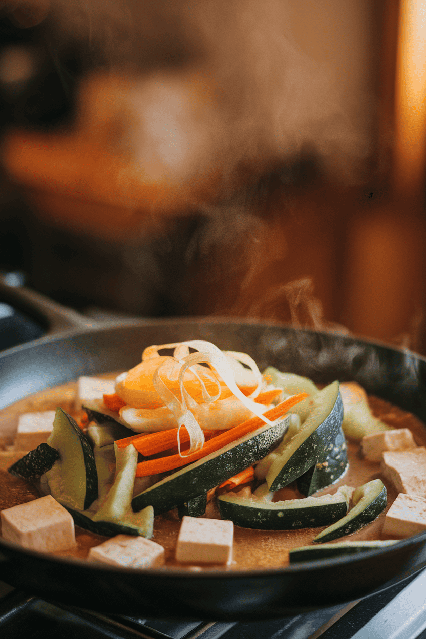 Photo of a warmly lit indoor skillet filled with sautéed bitter melon slices, tofu cubes, egg ribbons, and carrot strips, steam visible; no text or logos.