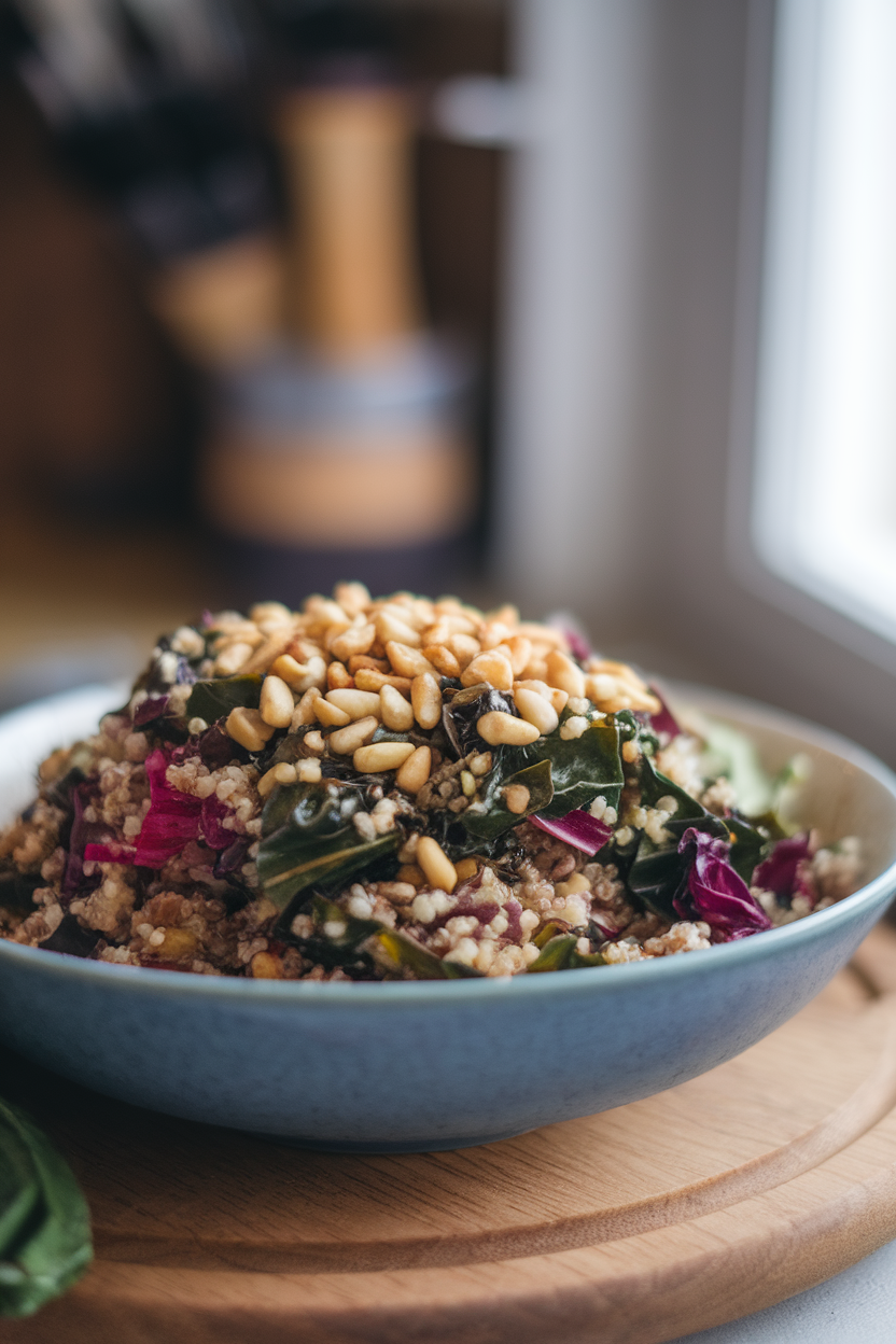 Indoor kitchen scene of colorful Swiss chard stems and leaves mixed into quinoa with toasted pine nuts; no logos or text.