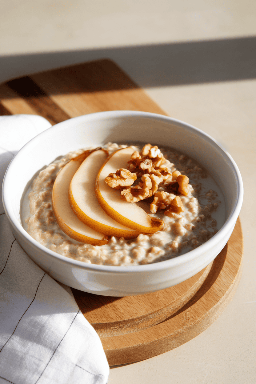 Indoor photo of a bowl of steel-cut oats topped with caramelized pear slices and chopped walnuts, morning kitchen light, no text or logos.