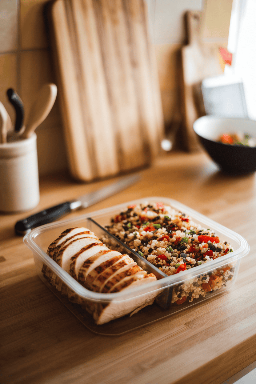 A warm indoor kitchen scene featuring a meal-prep container with sliced grilled chicken breast on one side and colorful quinoa tabouli on the other. No text or logos.