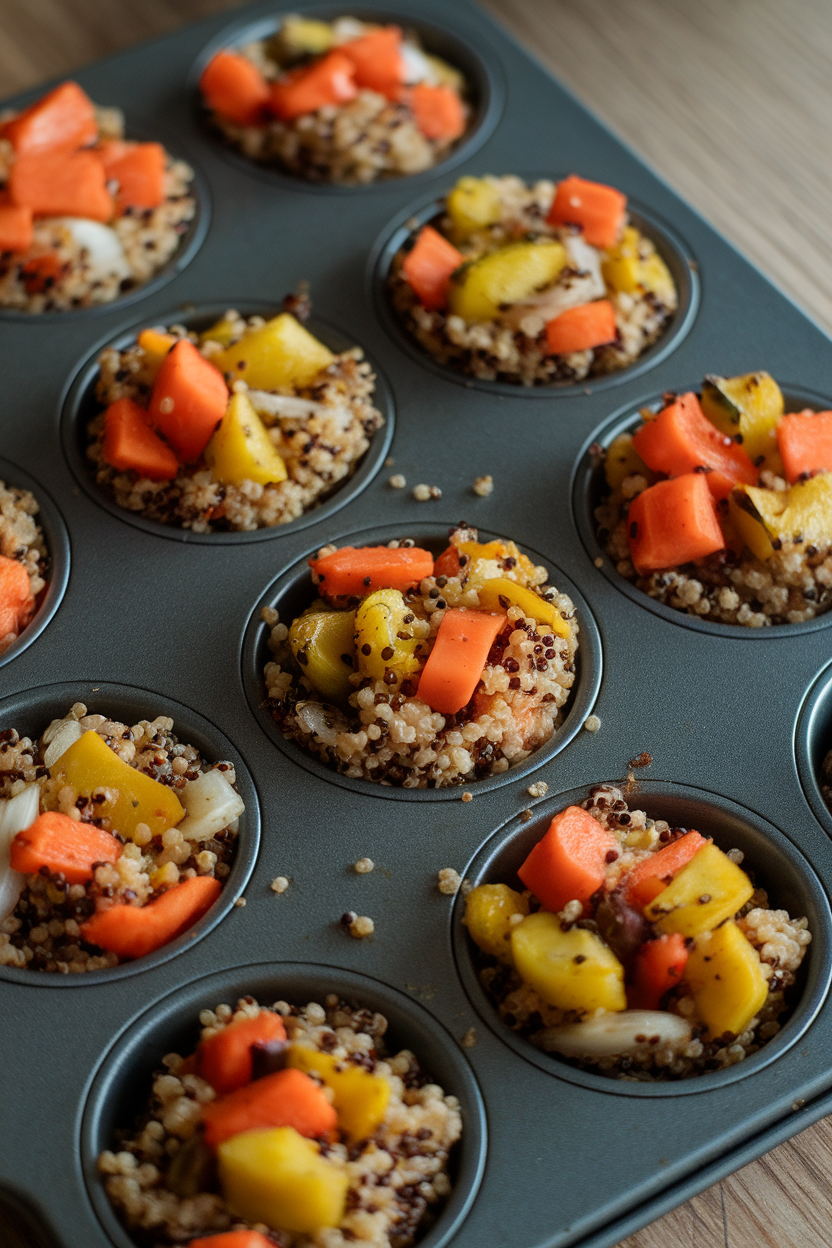 Muffin tin indoors holding quinoa cups studded with diced roast vegetables, edges golden. No text or logos.