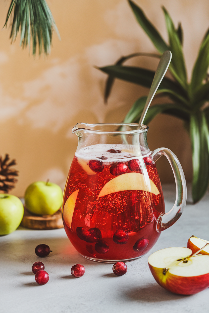 Pitcher of red sparkling punch with floating apple slices and cranberries on an indoor counter. No text or logos. Photo.