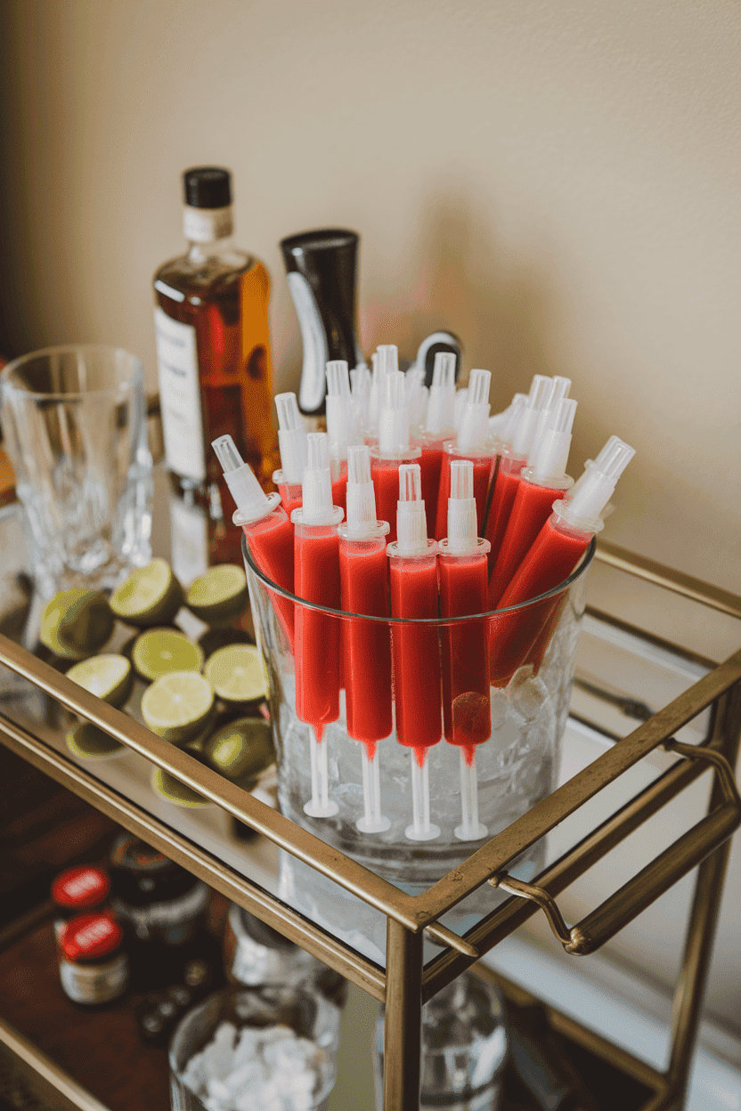 Indoor bar cart displaying clear plastic syringes filled with bright red Bloody Mary mix, arranged in an ice bucket, lime wedges nearby. Photo only; no text or logos.