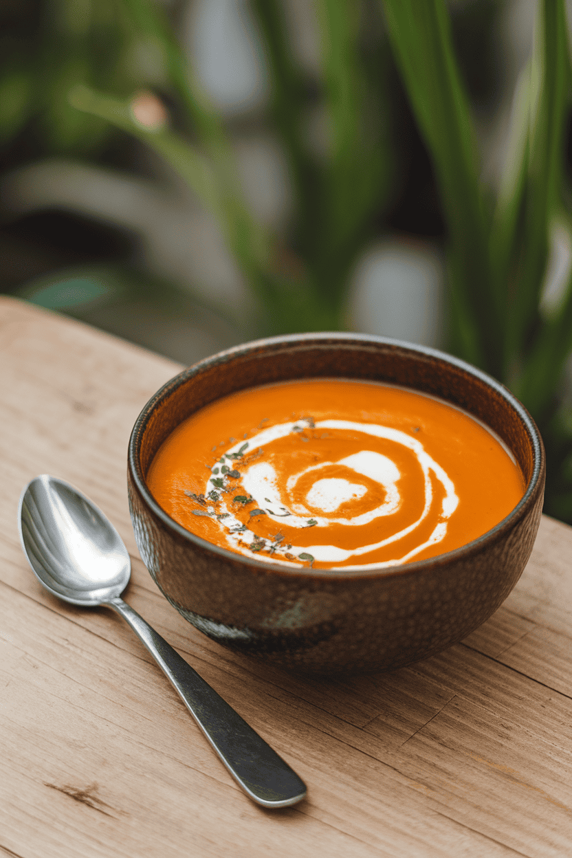 An indoor soup bowl filled with smooth orange carrot soup, a swirl of coconut milk on top, spoon beside. Photo only, no logos visible.