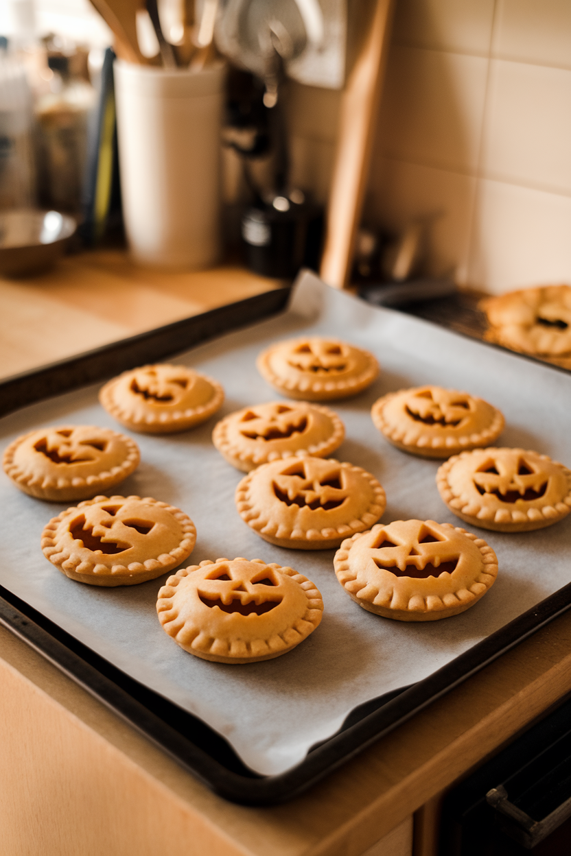 A baking sheet in a warm indoor kitchen featuring small pumpkin hand pies with carved jack-o’-lantern faces and golden crusts. Photo only, no text or logos.