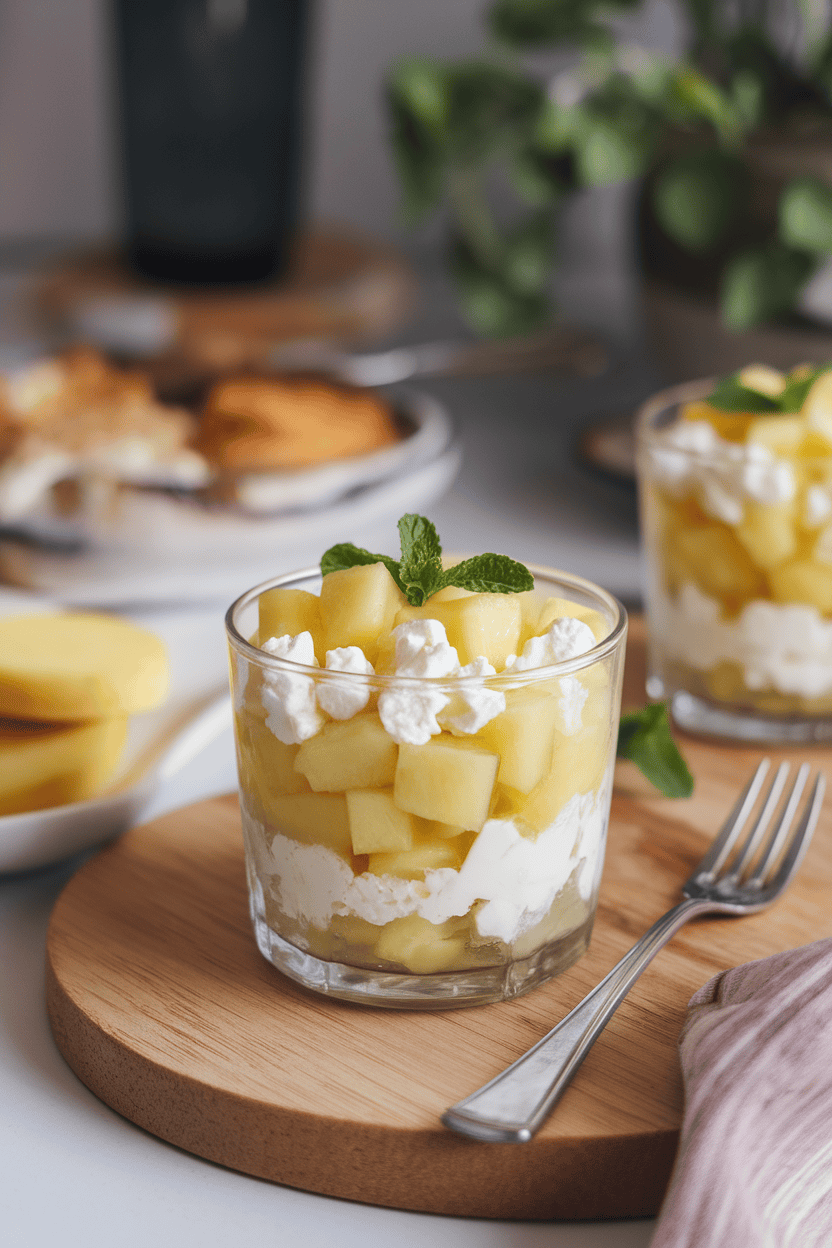 Indoor brunch scene featuring a glass cup layered with diced honeydew and cottage cheese, garnished with small mint leaves. No logos or text present.