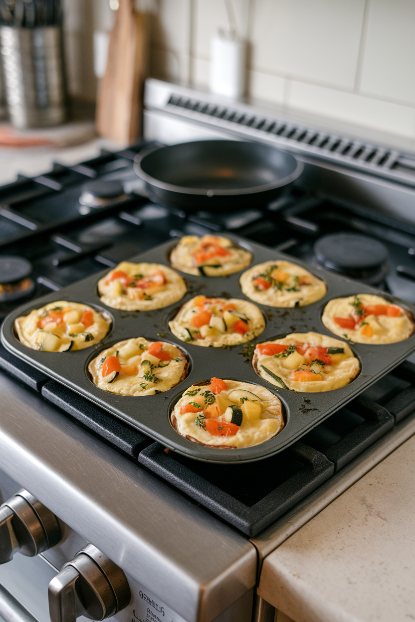 Photo of several mini frittatas in a muffin tin, studded with diced bell peppers, zucchini, and herbs, set on an indoor stovetop. No text or logos anywhere.