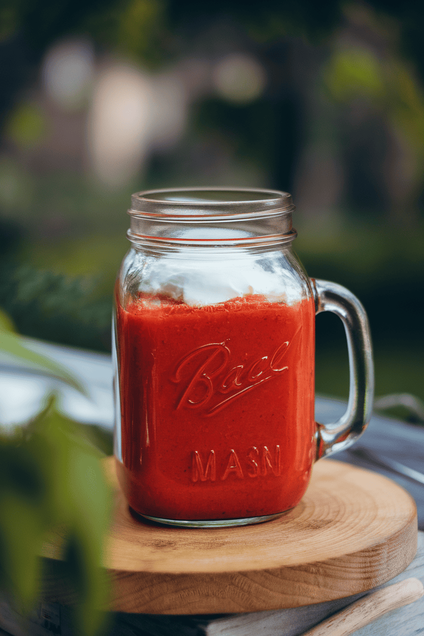 Photo of a mason jar indoors filled with bright red gazpacho, dollop of yogurt on top, no text or logos.