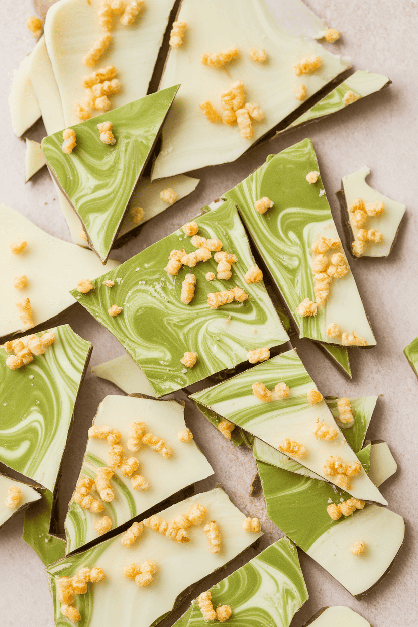 Indoor photo of broken shards of white chocolate bark swirled with green matcha, sprinkled with puffed rice, no text or logos