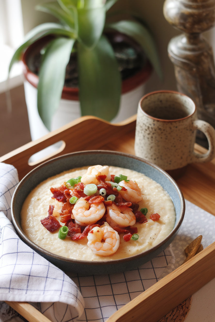 Cozy indoor breakfast nook with a shallow bowl of creamy stone-ground grits topped with sautéed shrimp, smoky bacon bits, and green onions, no text or logos. Photo.
