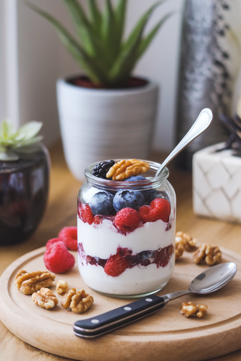 Photo, indoor breakfast nook displaying a clear jar layered with Greek yogurt, fresh berries, and glistening honey-coated walnuts; no text or logos.