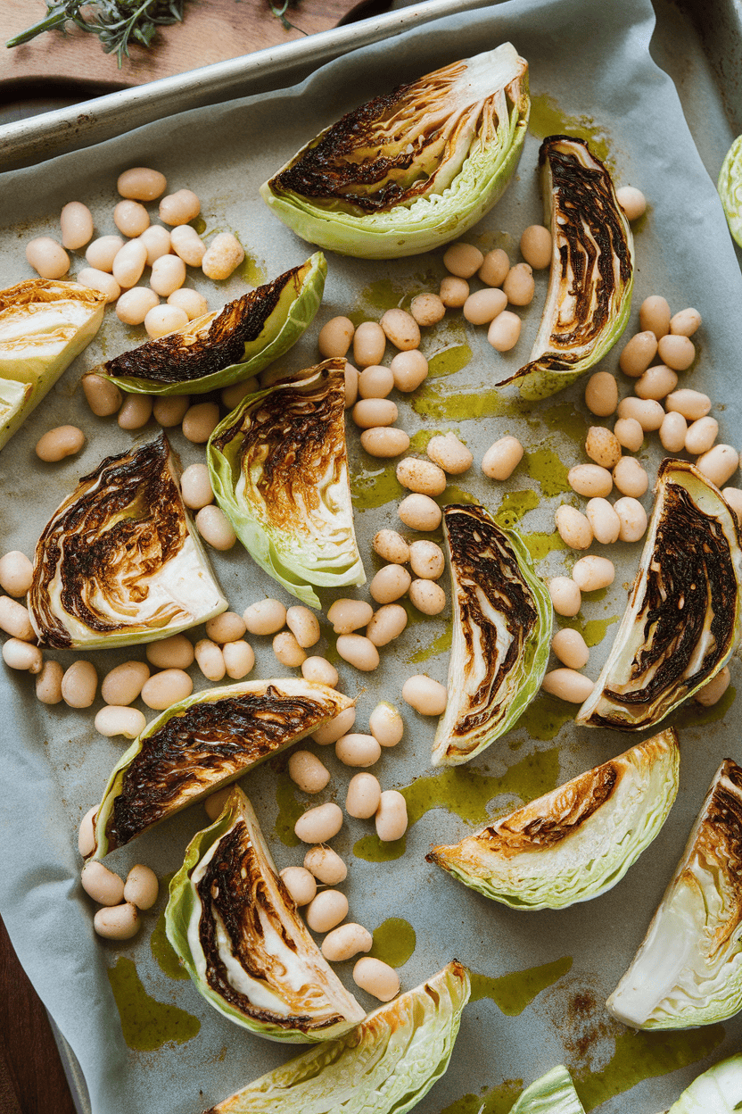 Indoor photo of a sheet pan lined with wedges of roasted cabbage and scattered cannellini beans, drizzled with herb oil, no text or logos.